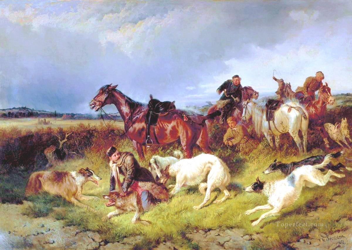 オオカミを狩るニコライ・スヴェルチコフ 1873油絵